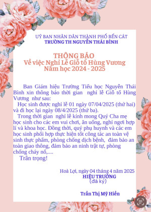 THÔNG BÁO NGHỈ LỄ GIỖ TỔ HÙNG VƯƠNG NĂM HỌC 2024-2025