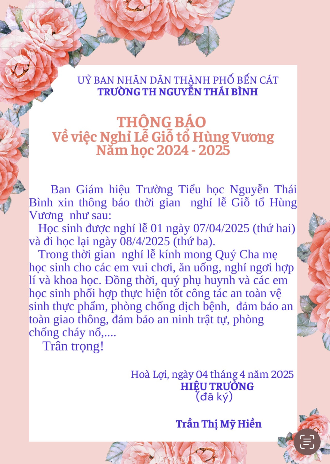 THÔNG BÁO NGHỈ LỄ GIỖ TỔ HÙNG VƯƠNG NĂM HỌC 2024-2025
